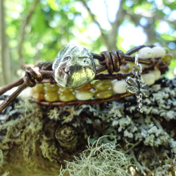 Double Wrap Leather Bracelet w/sterling Silver Dragonfly Charm. Green Serpentine - Picture 4 of 8